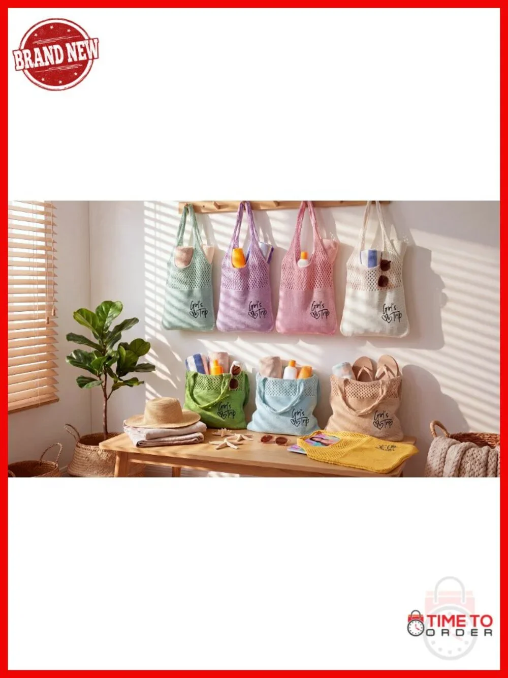 4 Embroidered Beach Mesh Tote Bags Set - Girls Trip Weekend Travel Totes